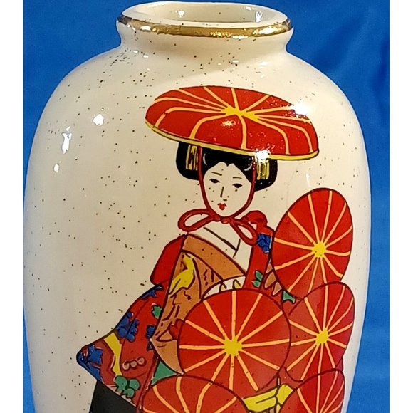 Rare 1970s OTAGIRI Vase Japanese Geisha Hat Dance 5.5" Bud Vase - Picture 3 of 9